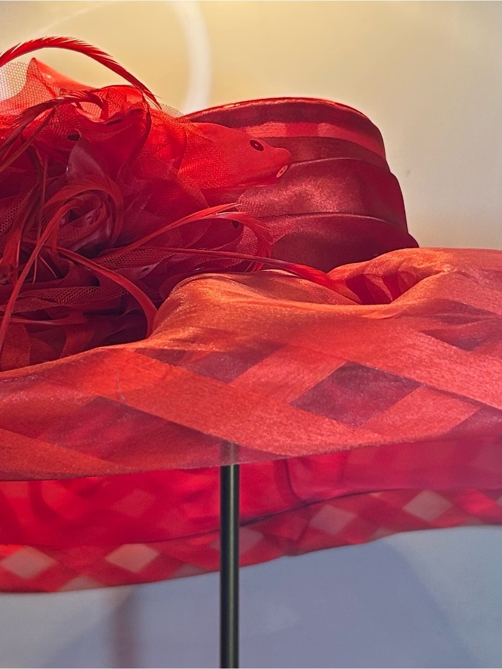Whittall & Shon - Elegant Red Wide-Brim Hat with Floral Trim - Size 22.5”